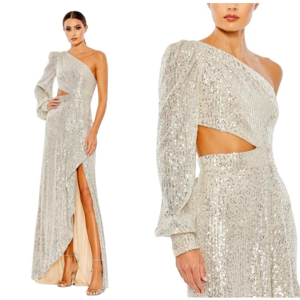 New Ieena Mac Duggal Sz 8 Silver Sequin One Shoulder Bishop Sleeve Cut Out Dress